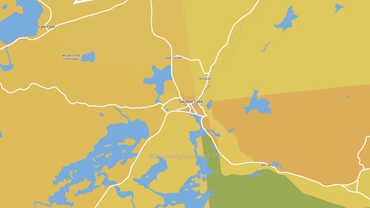 Map of the best neighborhoods in the Saranac Lake area, with better matches in green and worse matches in red
