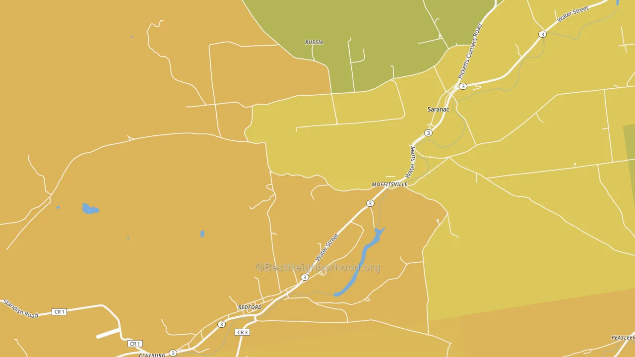 Map of the best neighborhoods in the Saranac area, with better matches in green and worse matches in red