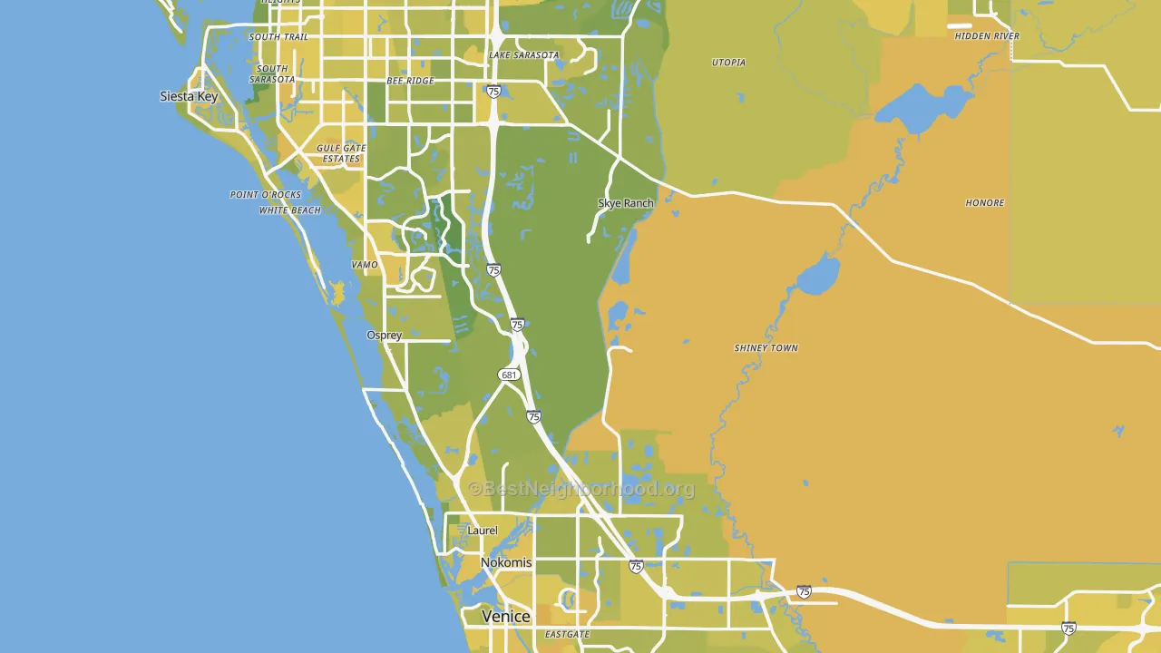 Map of the best neighborhoods in the Sarasota County area, with better matches in green and worse matches in red