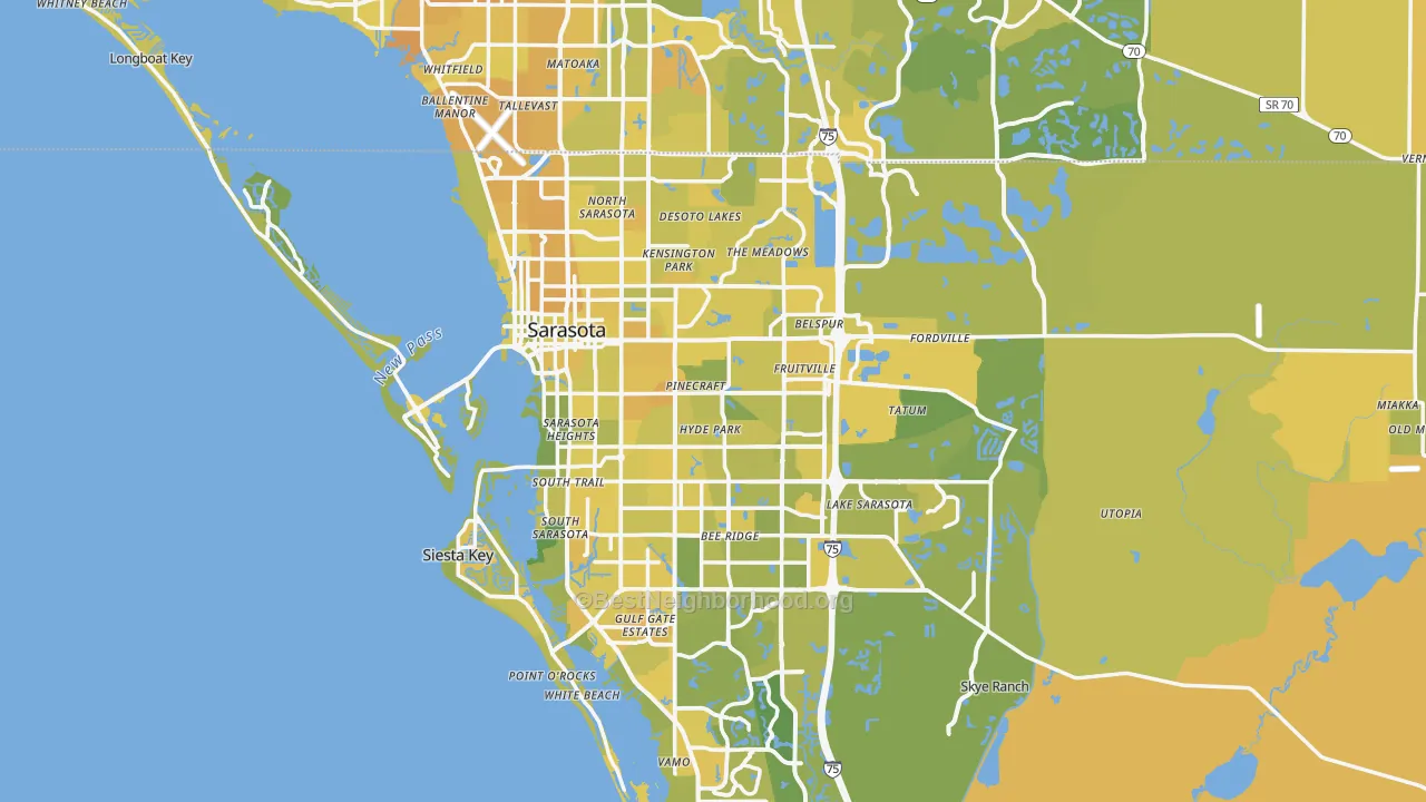 Map of the best neighborhoods in the Sarasota Metro area, with better matches in green and worse matches in red
