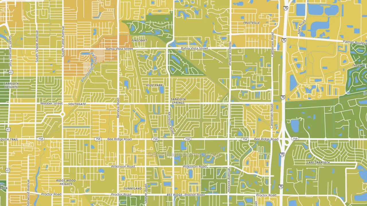 Map of the best neighborhoods in the Sarasota Springs area, with better matches in green and worse matches in red