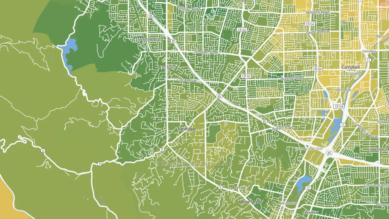Map of the best neighborhoods in the Saratoga area, with better matches in green and worse matches in red