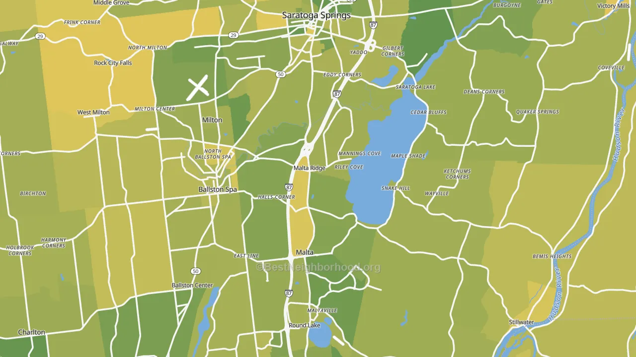 Map of the best neighborhoods in the Saratoga County area, with better matches in green and worse matches in red