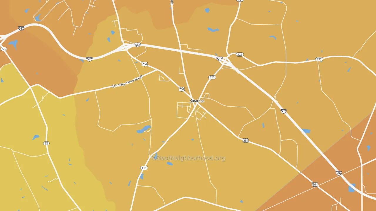 Map of the best neighborhoods in the Saratoga area, with better matches in green and worse matches in red