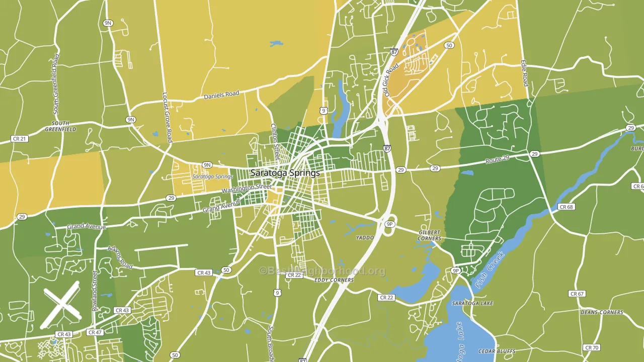 Map of the best neighborhoods in the Saratoga Springs area, with better matches in green and worse matches in red
