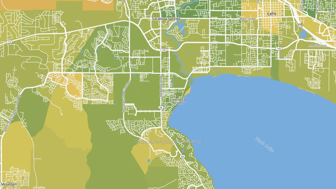 Map of the best neighborhoods in the Saratoga Springs area, with better matches in green and worse matches in red