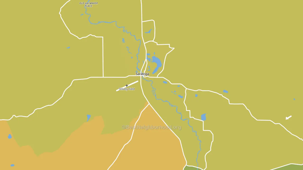 Map of the best neighborhoods in the Saratoga area, with better matches in green and worse matches in red