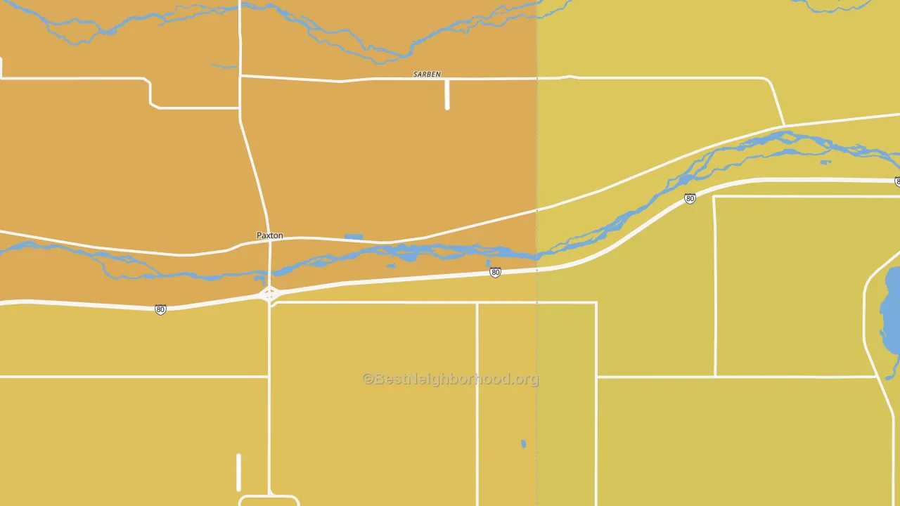 Map of the best neighborhoods in the Sarben area, with better matches in green and worse matches in red