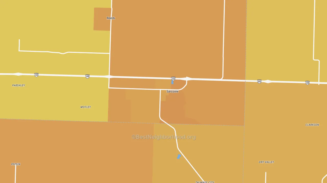 Map of the best neighborhoods in the Sarcoxie area, with better matches in green and worse matches in red