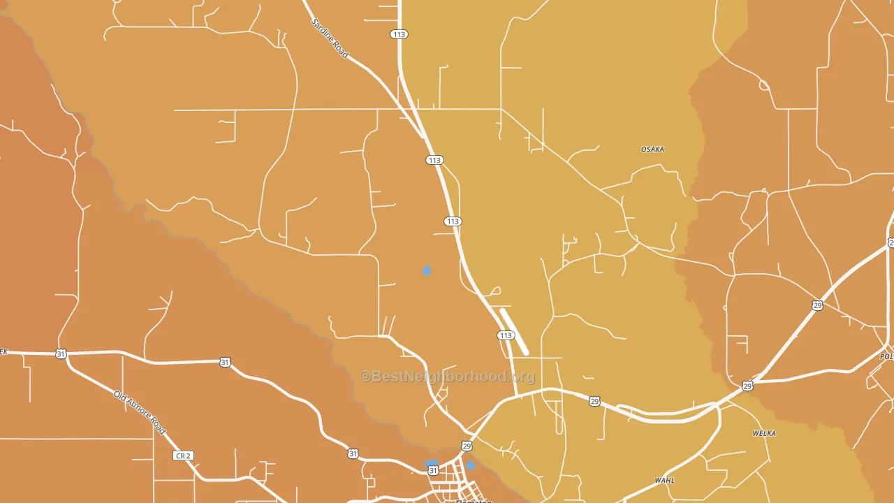 Map of the best neighborhoods in the Sardine area, with better matches in green and worse matches in red