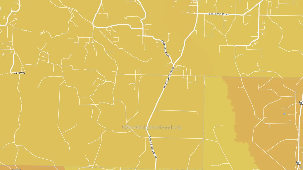 Map of the best neighborhoods in the Sardis area, with better matches in green and worse matches in red