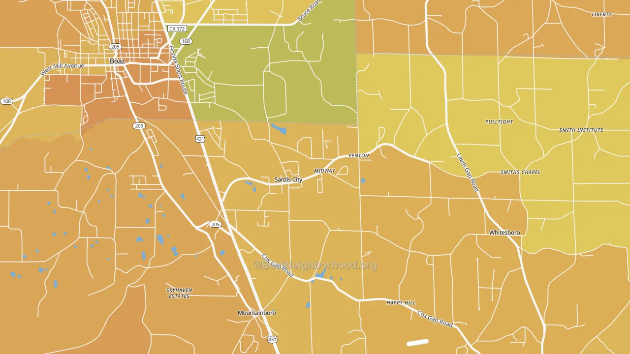 Map of the best neighborhoods in the Sardis City area, with better matches in green and worse matches in red