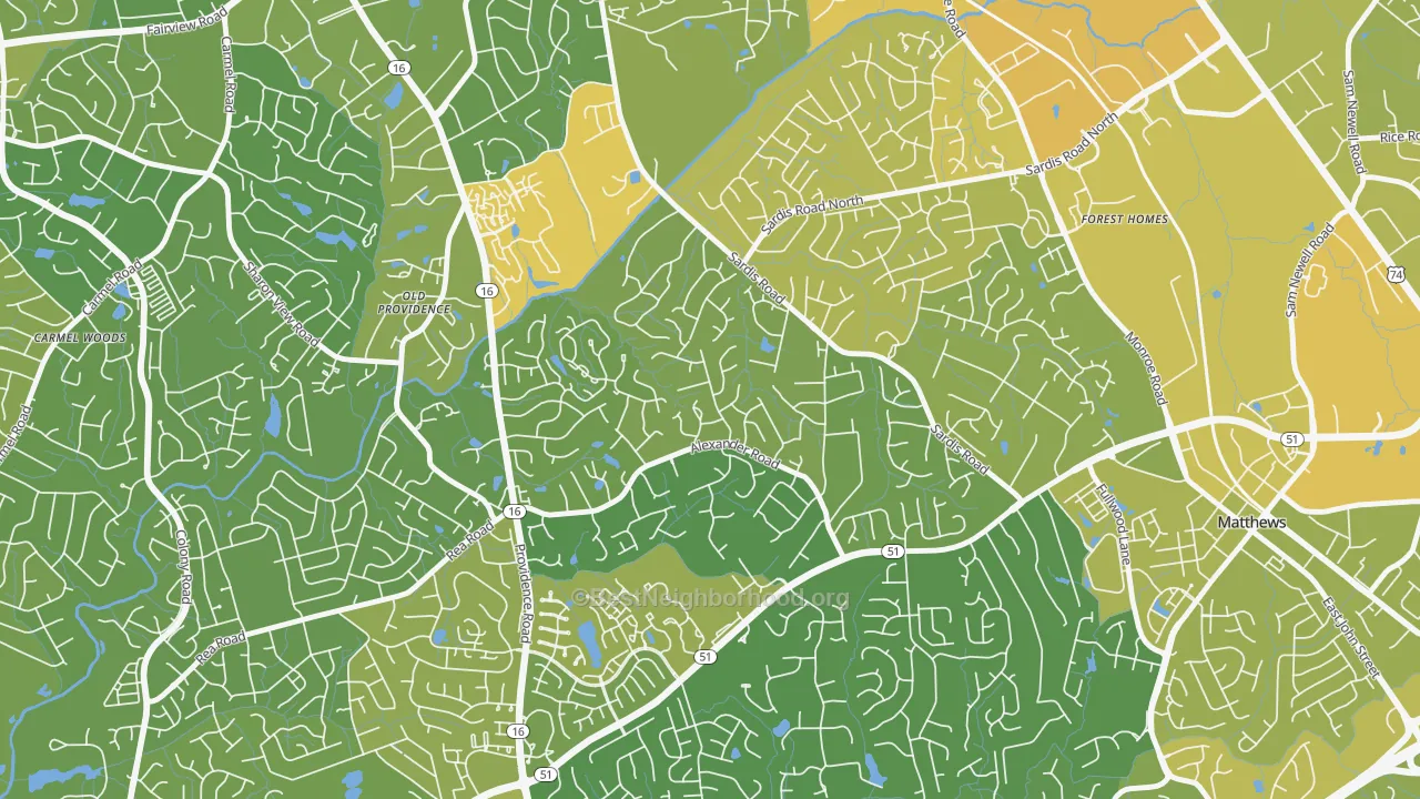 Map of the best neighborhoods in the Sardis Forest, Charlotte area, with better matches in green and worse matches in red