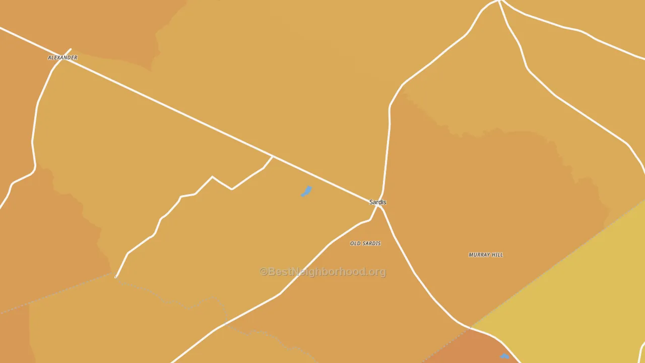 Map of the best neighborhoods in the Sardis area, with better matches in green and worse matches in red