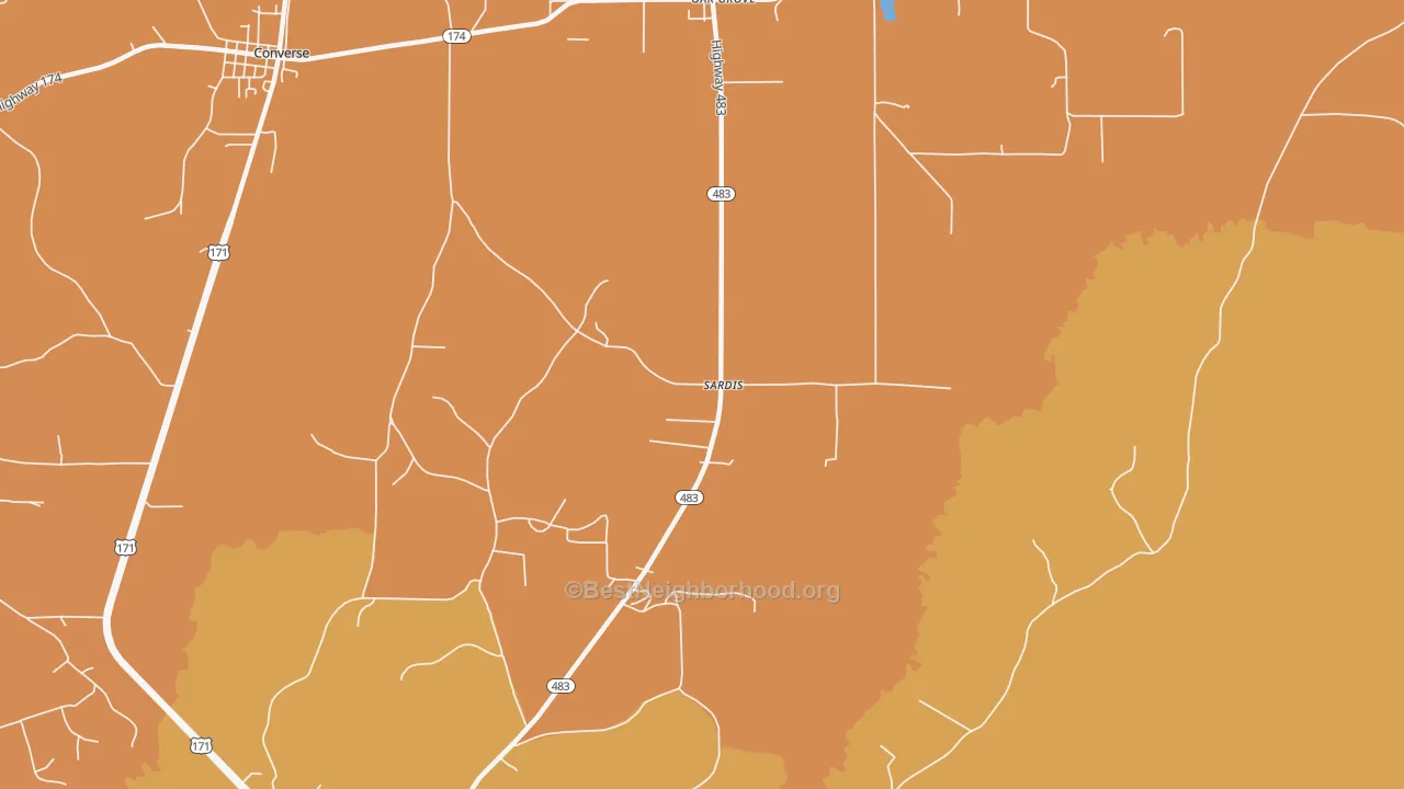 Map of the best neighborhoods in the Sardis area, with better matches in green and worse matches in red