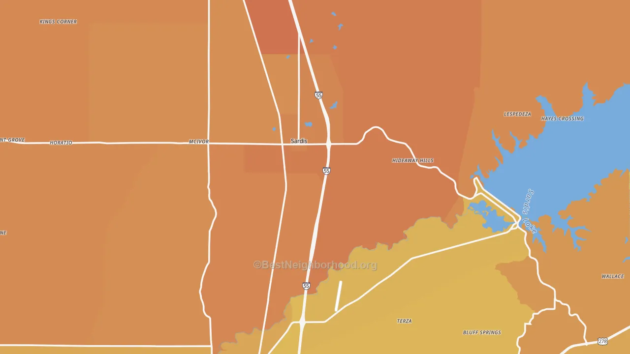 Map of the best neighborhoods in the Sardis area, with better matches in green and worse matches in red