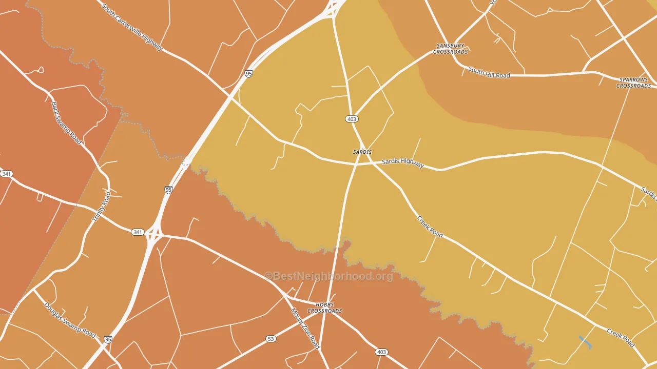 Map of the best neighborhoods in the Sardis area, with better matches in green and worse matches in red