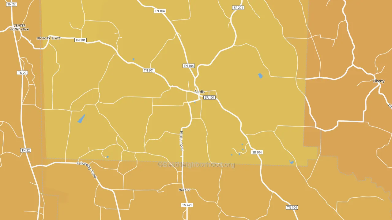 Map of the best neighborhoods in the Sardis area, with better matches in green and worse matches in red