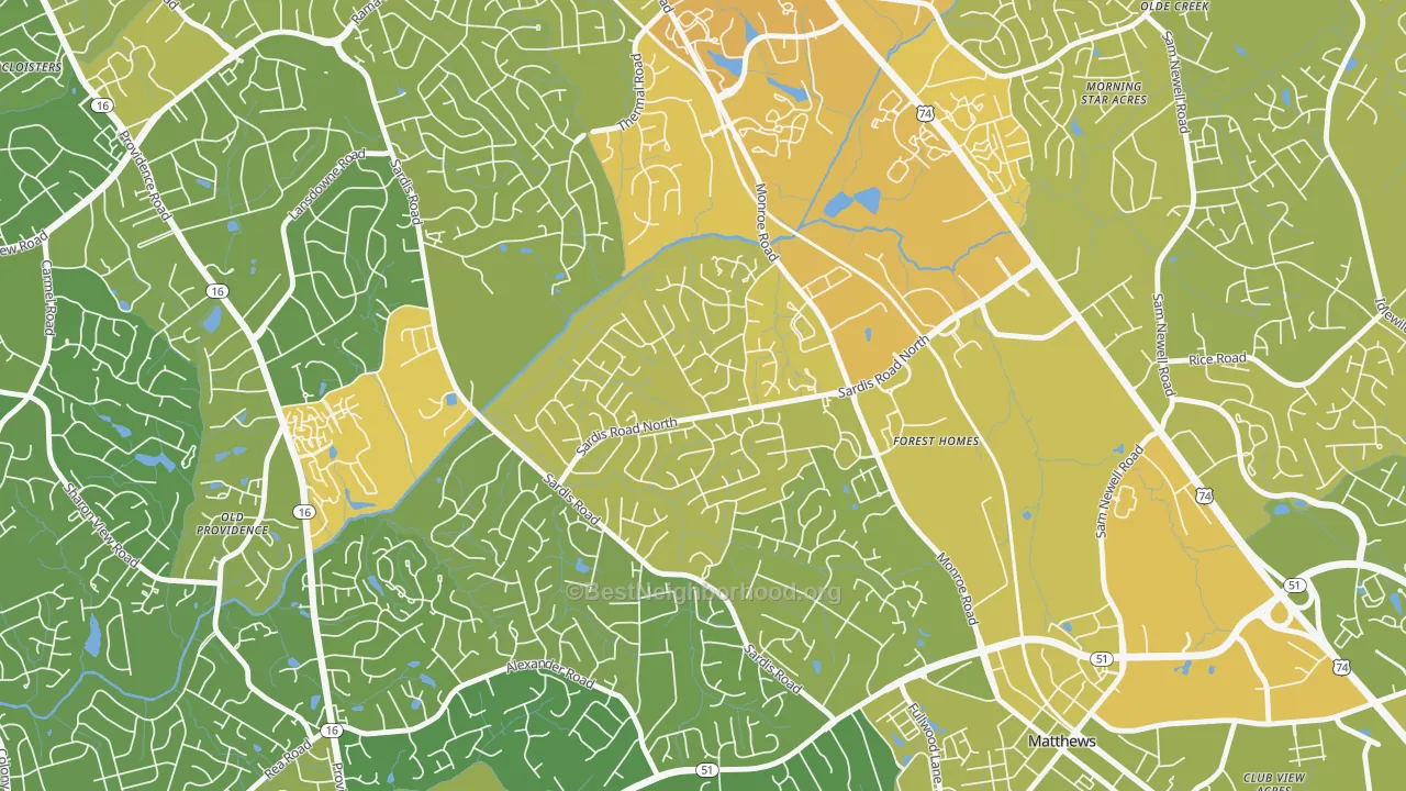 Map of the best neighborhoods in the Sardis Woods, Charlotte area, with better matches in green and worse matches in red