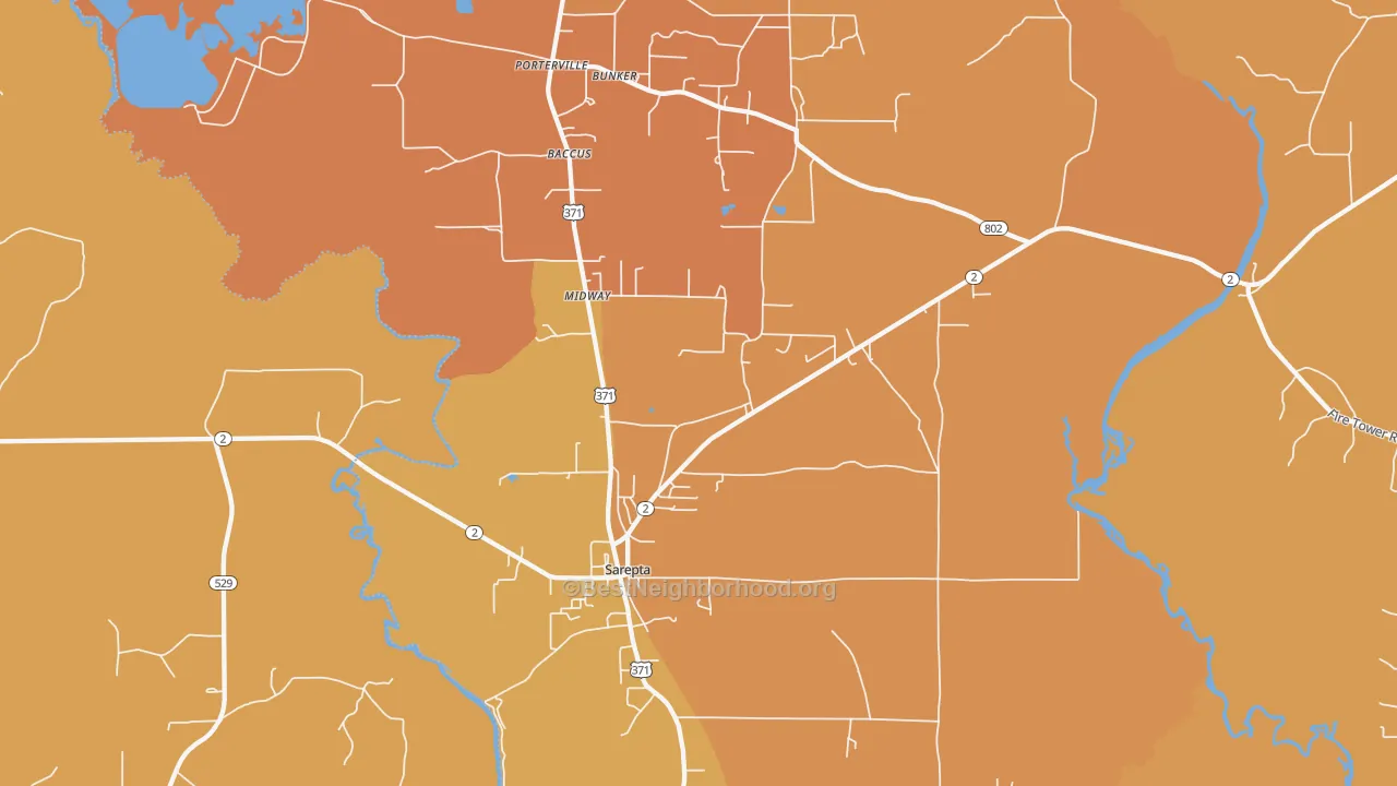 Map of the best neighborhoods in the Sarepta area, with better matches in green and worse matches in red