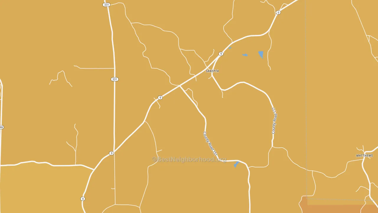 Map of the best neighborhoods in the Sarepta area, with better matches in green and worse matches in red