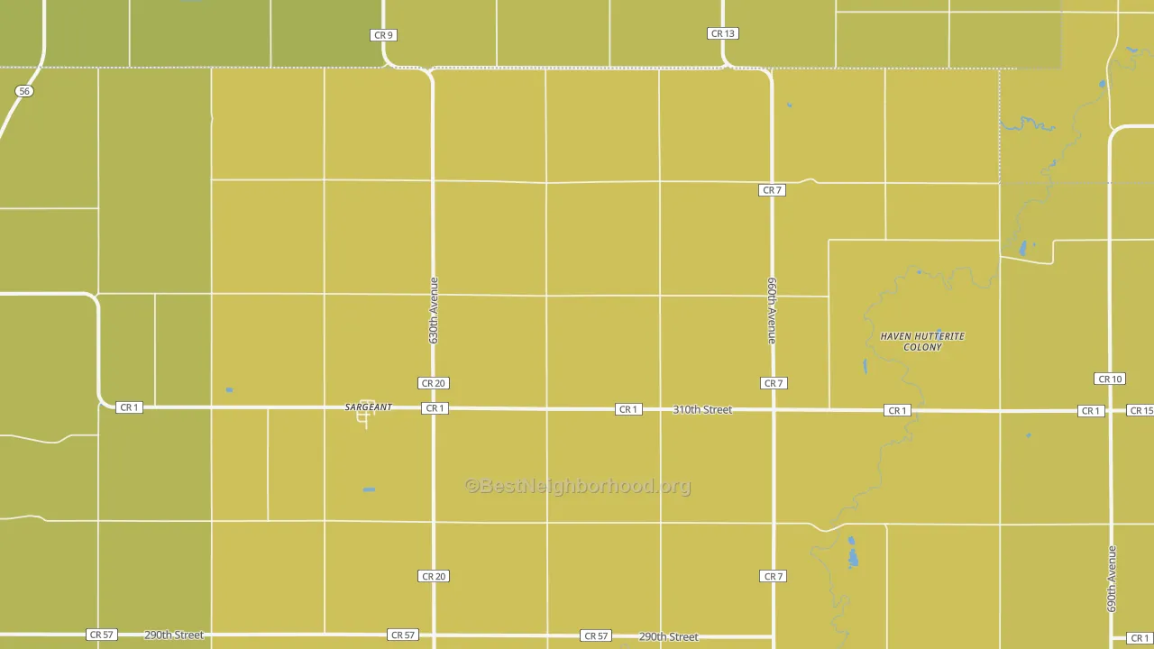 Map of the best neighborhoods in the Sargeant area, with better matches in green and worse matches in red