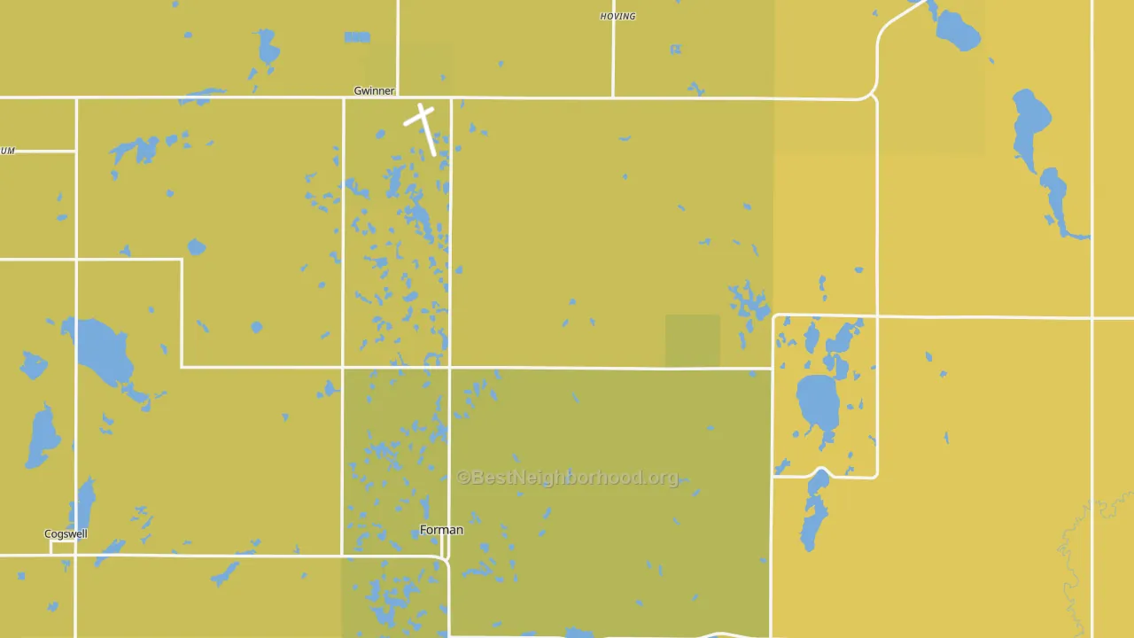 Map of the best neighborhoods in the Sargent County area, with better matches in green and worse matches in red