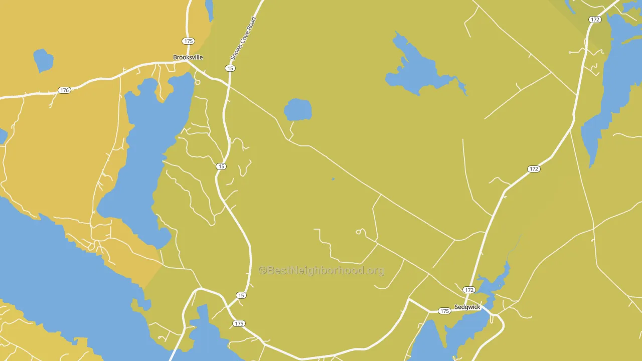 Map of the best neighborhoods in the Sargentville area, with better matches in green and worse matches in red