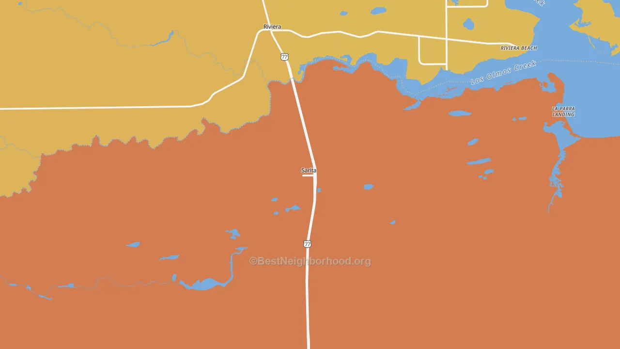 Map of the best neighborhoods in the Sarita area, with better matches in green and worse matches in red