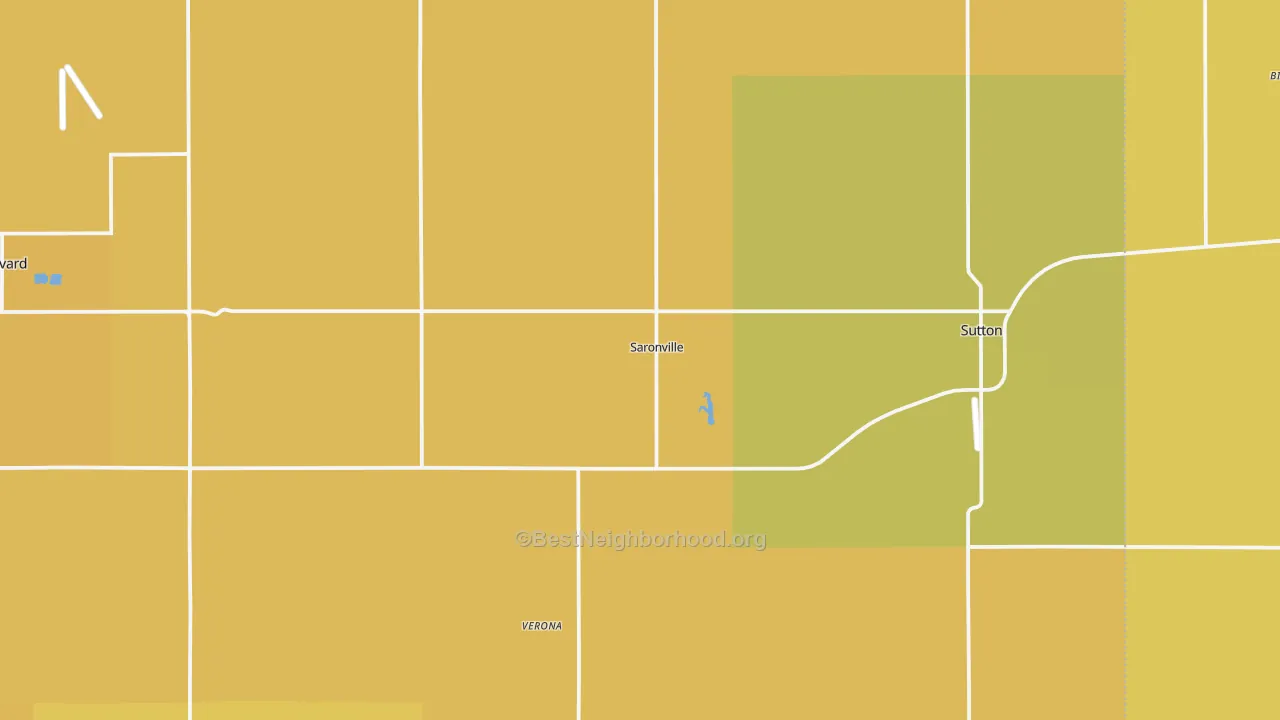 Map of the best neighborhoods in the Saronville area, with better matches in green and worse matches in red