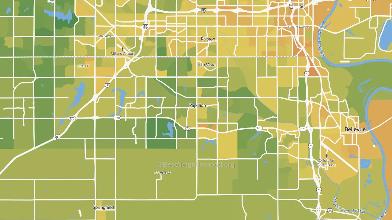 Map of the best neighborhoods in the Sarpy County area, with better matches in green and worse matches in red