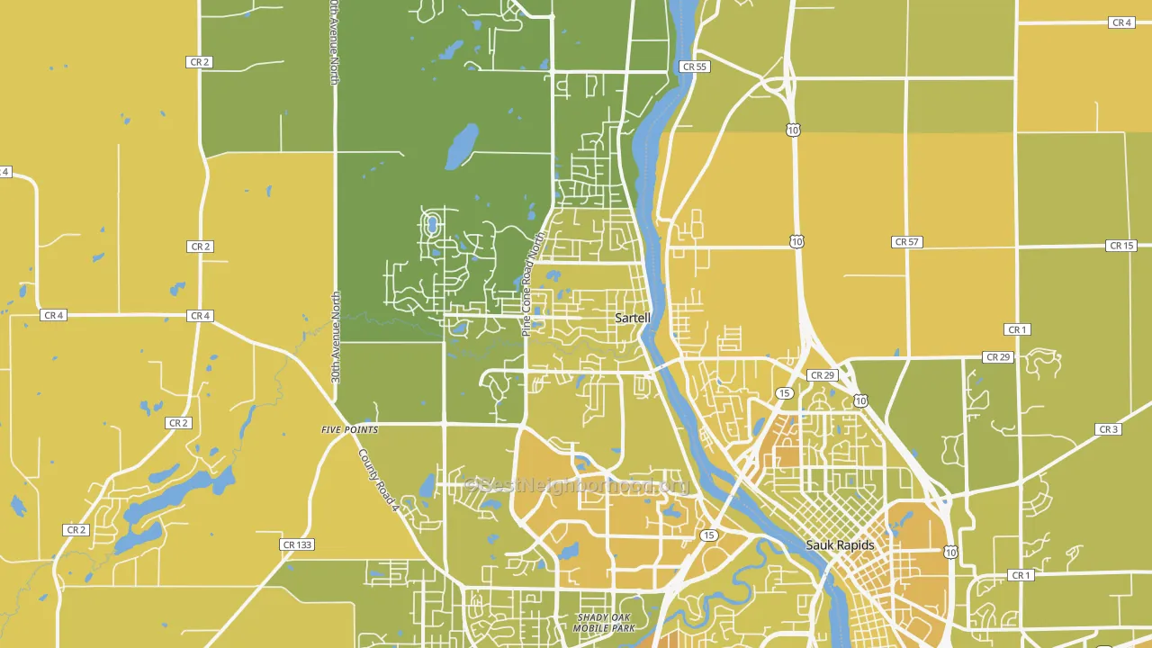 Map of the best neighborhoods in the Sartell area, with better matches in green and worse matches in red