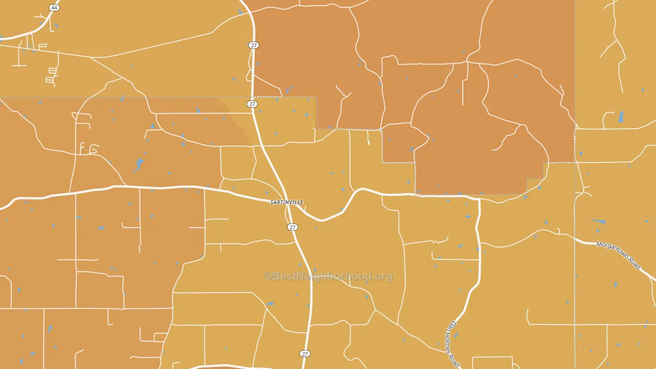 Map of the best neighborhoods in the Sartinsville area, with better matches in green and worse matches in red
