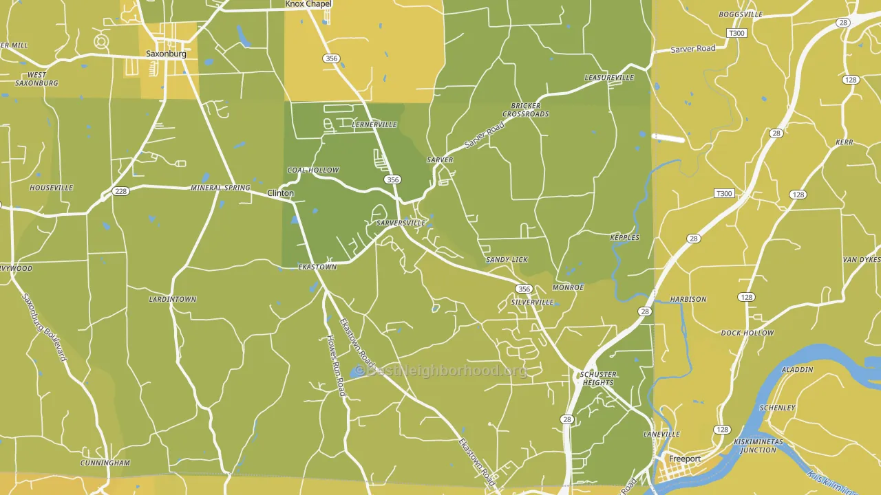 Map of the best neighborhoods in the Sarver area, with better matches in green and worse matches in red