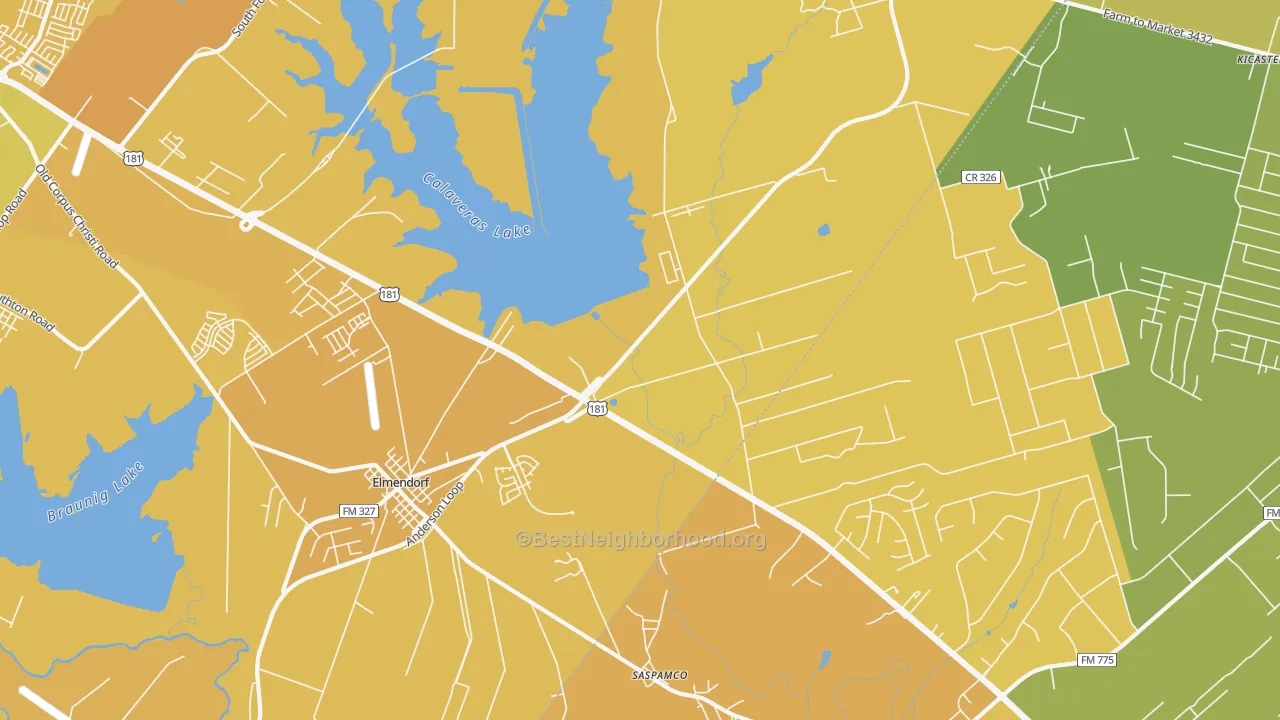 Map of the best neighborhoods in the Saspamco area, with better matches in green and worse matches in red