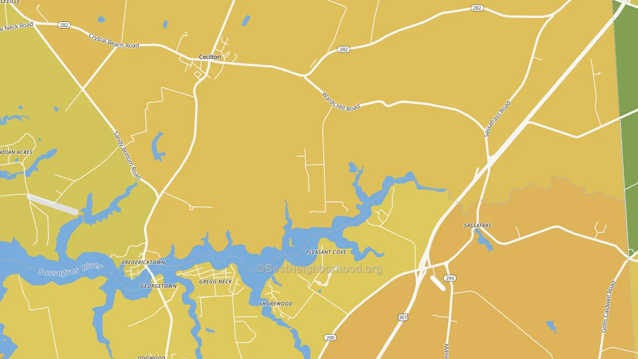 Map of the best neighborhoods in the Sassafras area, with better matches in green and worse matches in red