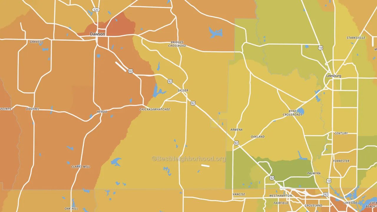 Map of the best neighborhoods in the Sasser area, with better matches in green and worse matches in red