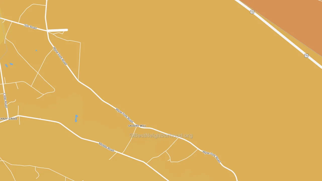 Map of the best neighborhoods in the Sassers Mill area, with better matches in green and worse matches in red