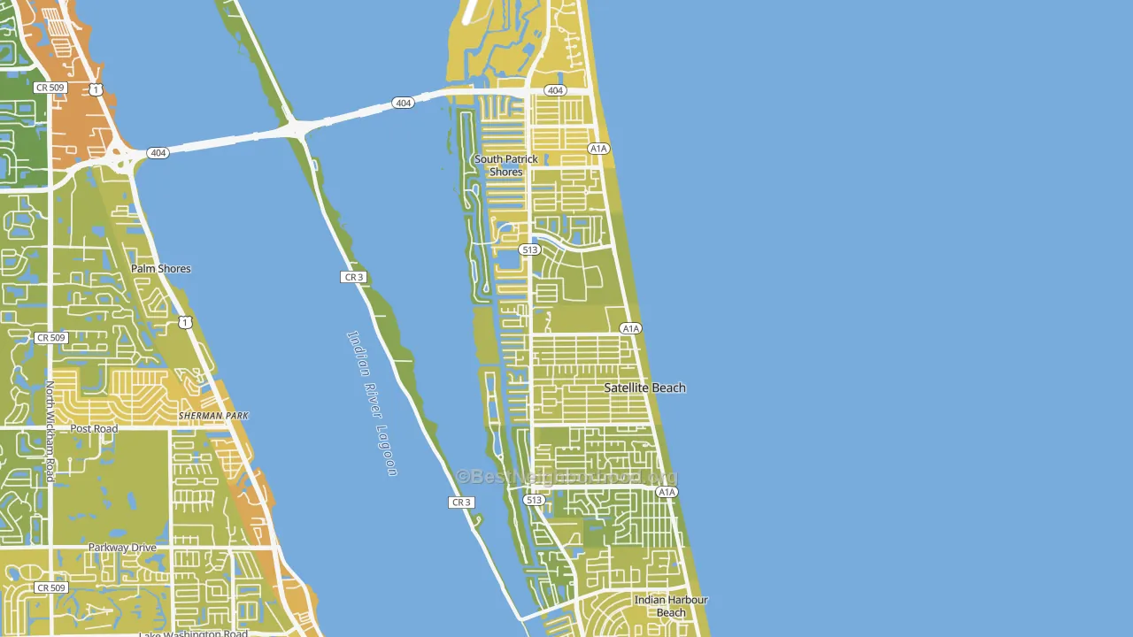 Map of the best neighborhoods in the Satellite Beach area, with better matches in green and worse matches in red