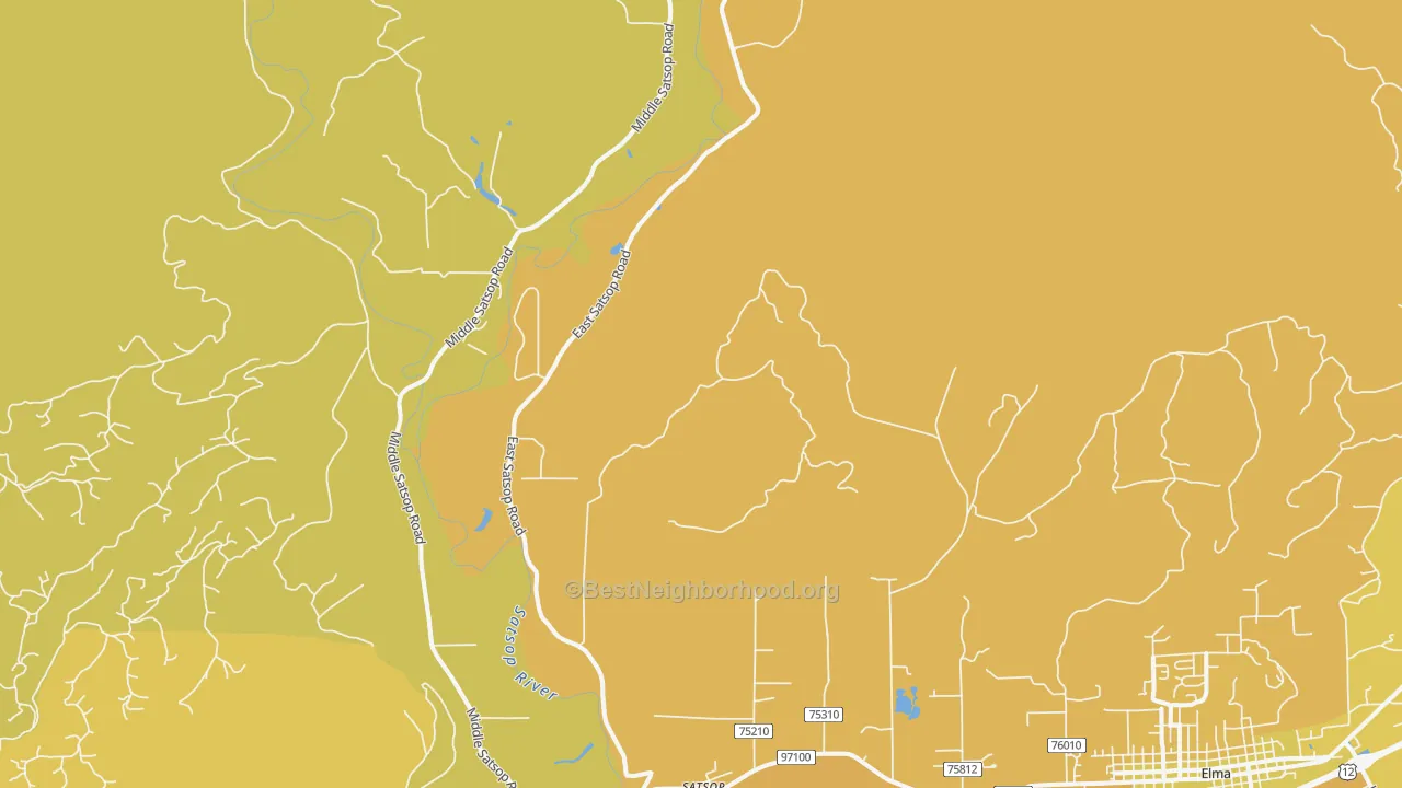 Map of the best neighborhoods in the Satsop area, with better matches in green and worse matches in red