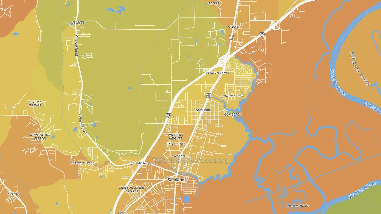 Map of the best neighborhoods in the Satsuma area, with better matches in green and worse matches in red