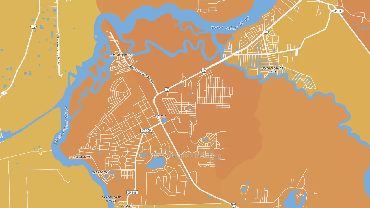 Map of the best neighborhoods in the Satsuma area, with better matches in green and worse matches in red