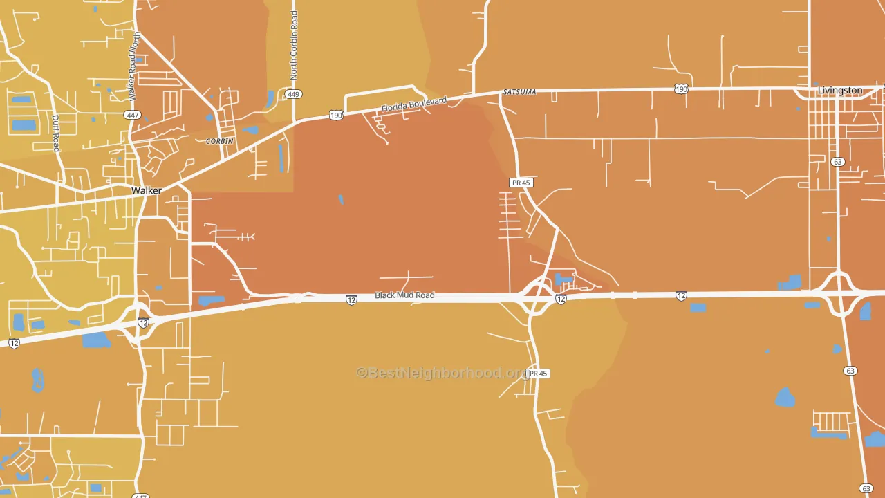 Map of the best neighborhoods in the Satsuma area, with better matches in green and worse matches in red