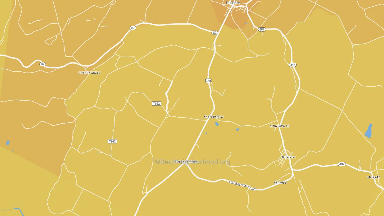 Map of the best neighborhoods in the Satterfield area, with better matches in green and worse matches in red