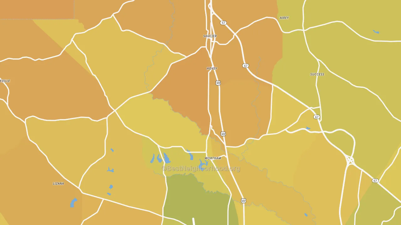 Map of the best neighborhoods in the Saucier area, with better matches in green and worse matches in red
