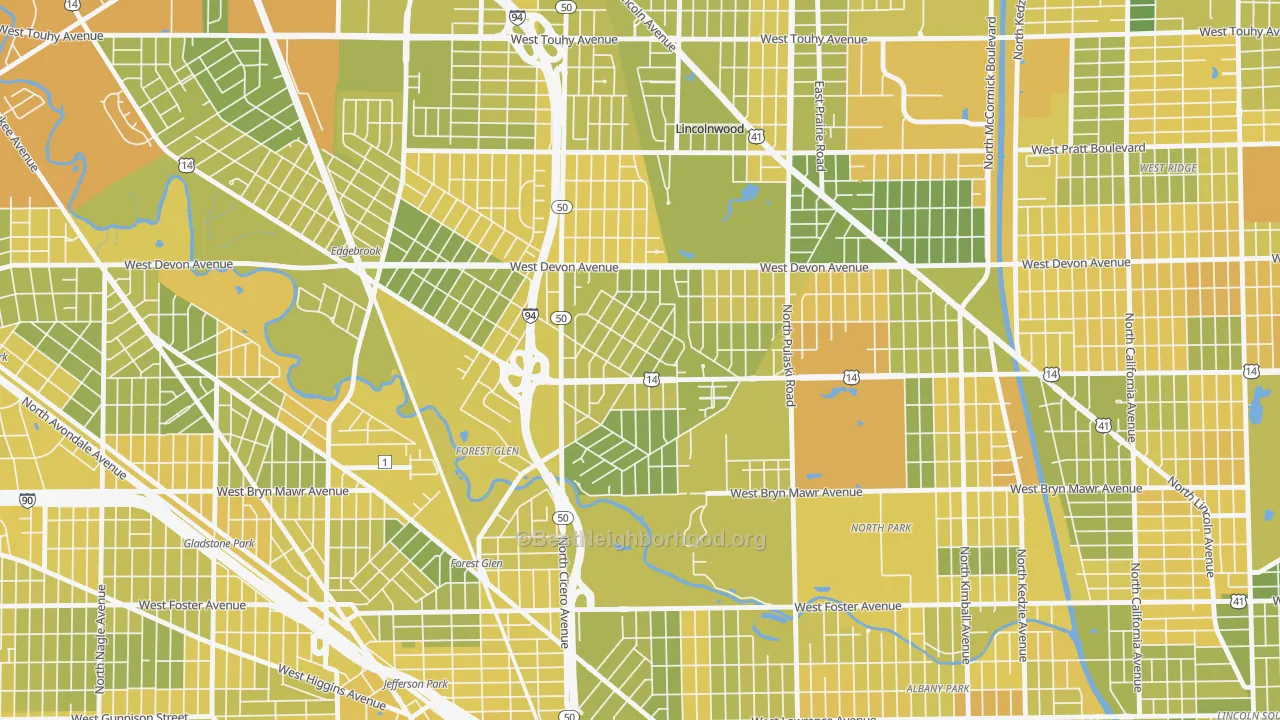 Map of the best neighborhoods in the Sauganash, Chicago area, with better matches in green and worse matches in red
