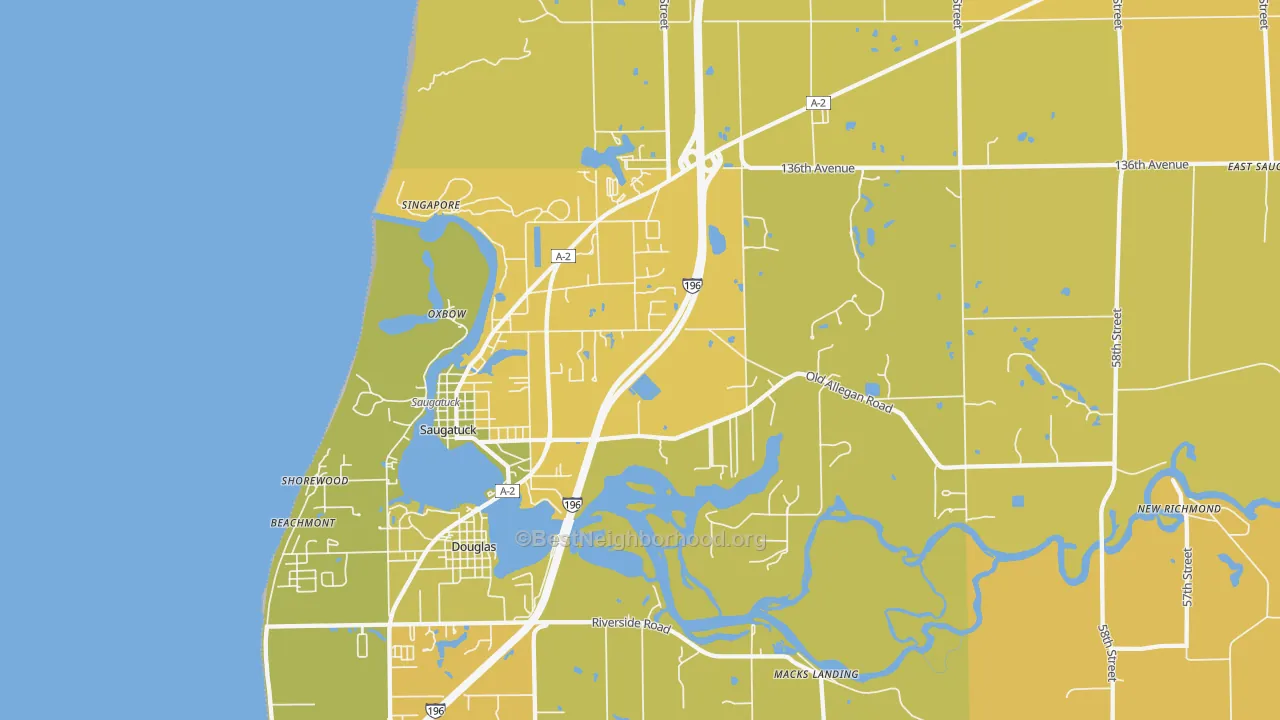 Map of the best neighborhoods in the Saugatuck area, with better matches in green and worse matches in red