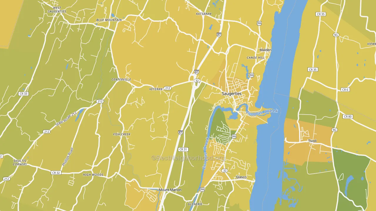 Map of the best neighborhoods in the Saugerties area, with better matches in green and worse matches in red