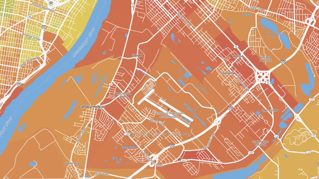 Map of the best neighborhoods in the Sauget area, with better matches in green and worse matches in red