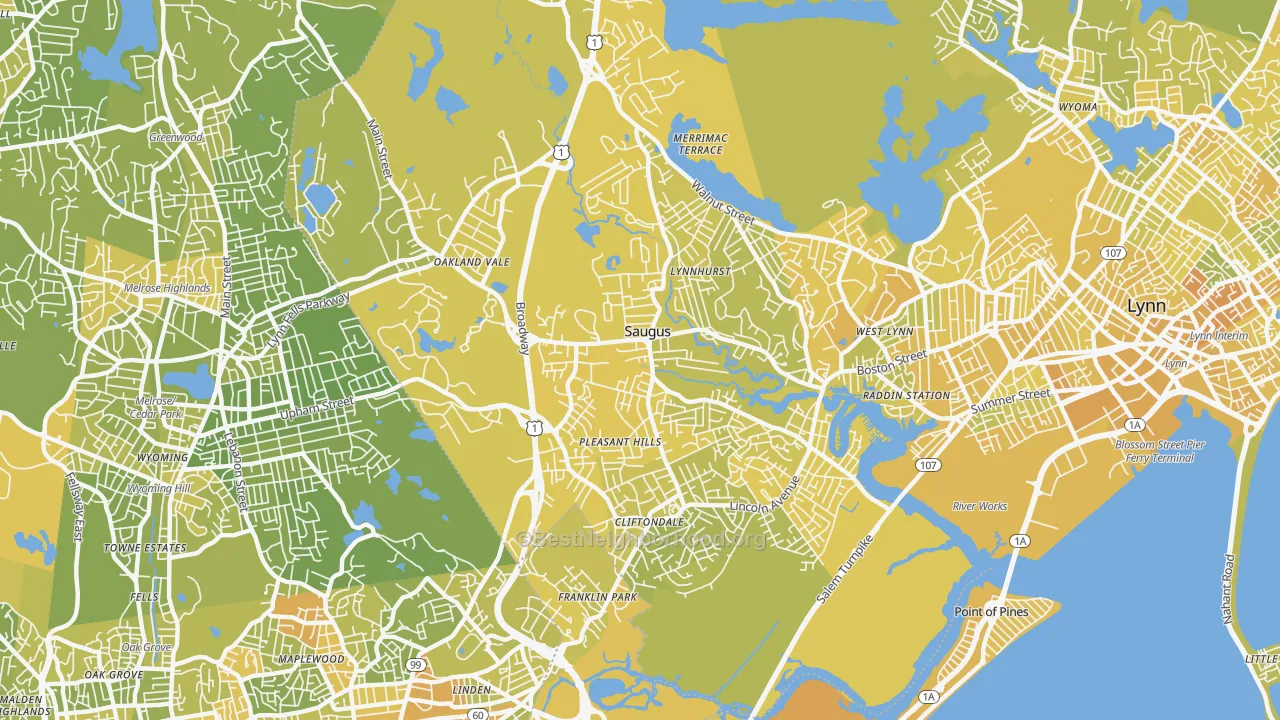 Map of the best neighborhoods in the Saugus area, with better matches in green and worse matches in red